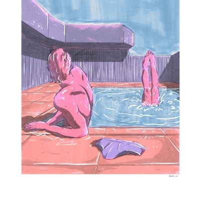 Ilustração de duas figuras junto a piscina com azulejos e roupa interior roxa na borda