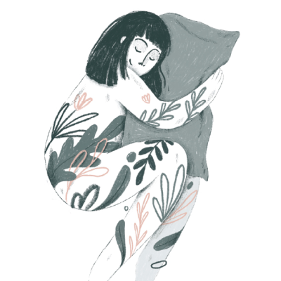 Mulher com tatuagens florais a dormir abraçada a almofada cinza