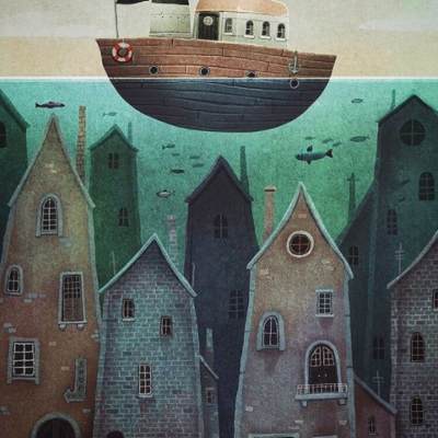 Ilustração de barco flutuando sobre edifícios antigos sob a água com peixes