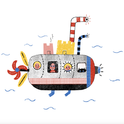Ilustração de submarino colorido com janelas e personagens
