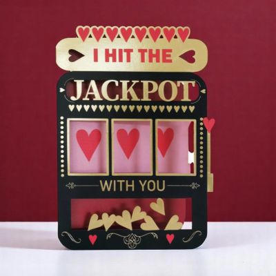 Cartão decorativo tema jackpot com corações e texto em inglês