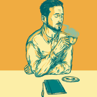 Homem sentado a beber chá ou café com caderno e caneta na mesa, ilustração colorida.