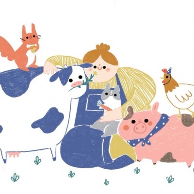 Ilustração colorida de vaca, porco, criança, gato, esquilo e galinha num ambiente simples.