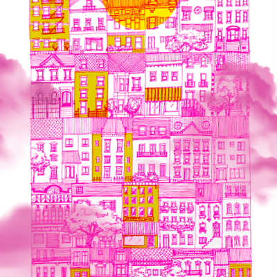 Ilustração colorida de fachada de edifício com janelas e portas em rosa e amarelo e sol grande no topo