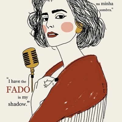 Ilustração de mulher com xale vermelho e microfone com texto sobre Fado.