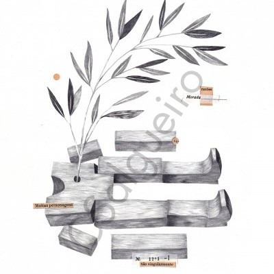 Ilustração a lápis preto e branco de formas geométricas com um ramo de folhas e recortes de texto em português.