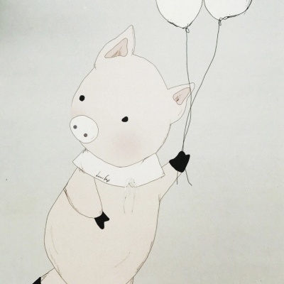 Desenho de porco segurando dois balões brancos sobre fundo cinza