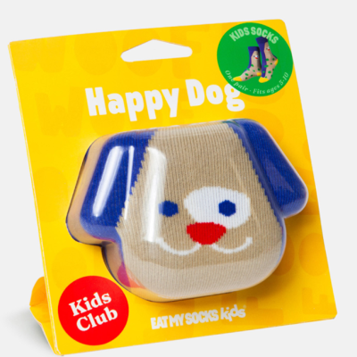 meias infantis coloridas com rosto de cão em embalagem amarela