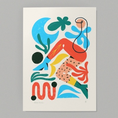 Póster abstrato colorido com formas orgânicas e assinatura 'Mau Lima'