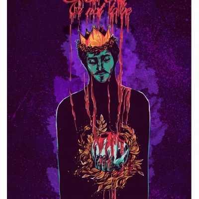 Ilustração de homem com coroa e maçã, texto 'False is the flame' em fundo roxo