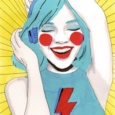 Ilustração de mulher com cabelo azul e vestido azul com raio vermelho, auscultadores azuis e fundo amarelo