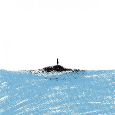 Figura preta numa ilha rodeada de água azul
