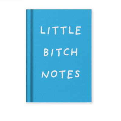 Caderno azul com texto branco LITTLE BITCH NOTES na capa