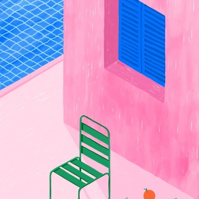 cadeira metálica verde junto a parede rosa com janela azul e laranjas no chão