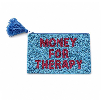 Bolsa azul com contas e tassel, texto vermelho MONEY FOR THERAPY