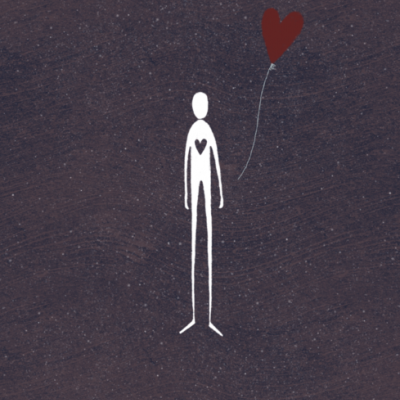 Ilustração simples com figura humana branca e balão em forma de coração vermelho