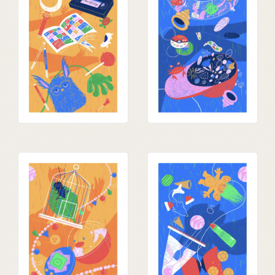 Quatro ilustrações coloridas com objetos variados e fundos laranja e azul