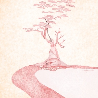 Ilustração abstrata de árvore rosa ao lado de caminho curvo vermelho em fundo bege