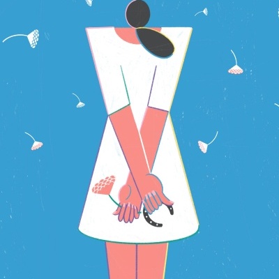 Ilustração de figura feminina com vestido branco e flores no fundo azul