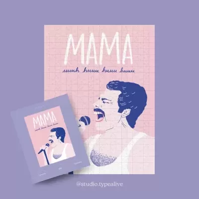 Poster rosa com ilustração de homem a cantar e texto MAMA uuuuh huu huu huu