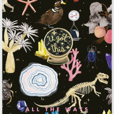 Ilustrações coloridas variadas em fundo preto com texto motivacional central