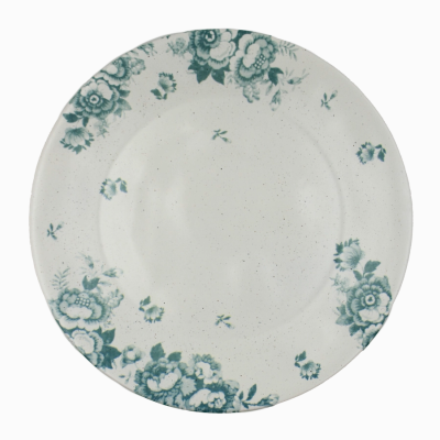 Prato redondo branco com padrão floral azul na borda