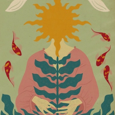 Ilustração de pessoa sem rosto com cabeça de sol e plantas