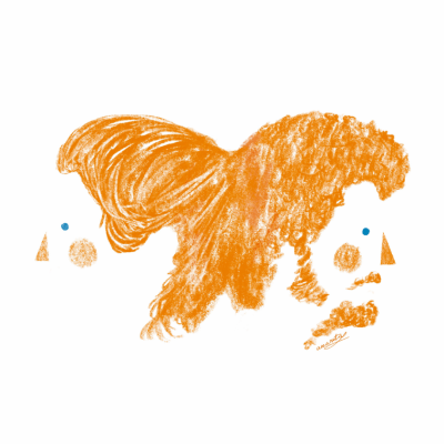 Desenho colorido de um cão laranja com detalhes geométricos