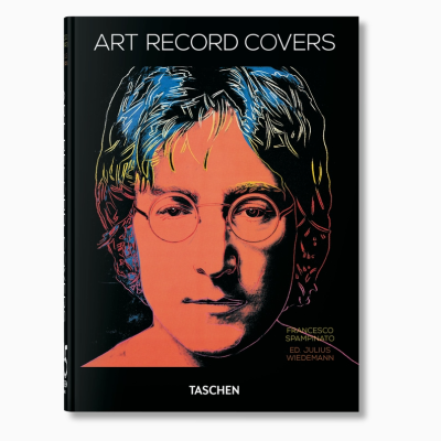 Capa de livro ART RECORD COVERS com rosto colorido em estilo pop art e texto em branco e amarelo no fundo preto.