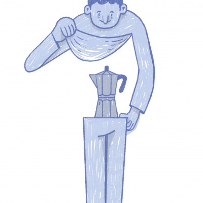 Desenho azul de pessoa com cafeteira no lugar do tronco