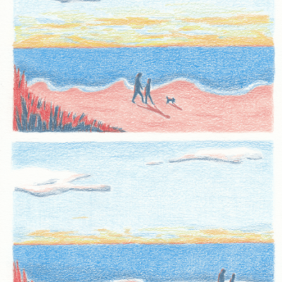 Desenho colorido a lápis de uma praia com mar, céu nublado e pessoas a caminhar com cão