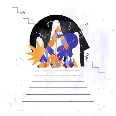 Ilustração abstrata colorida com figura central e formas geométricas