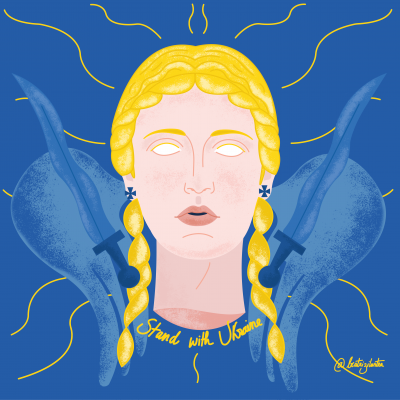 Ilustração de cabeça feminina com cabelo amarelo e punhais azuis, sobre fundo azul.