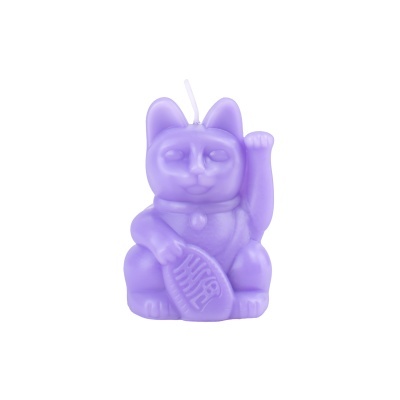 Vela lilás em forma de gato Maneki-neko com pavio branco
