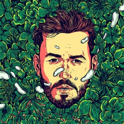 Cabeça de homem com barba cercada por muitas folhas verdes e pétalas brancas