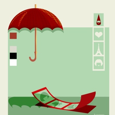 Guarda-chuva vermelho e esteira vermelha com imagens sobre fundo verde claro e texto em inglês.