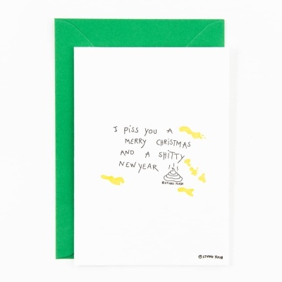 Cartão de Natal branco com envelope verde e mensagem manuscrita com desenho