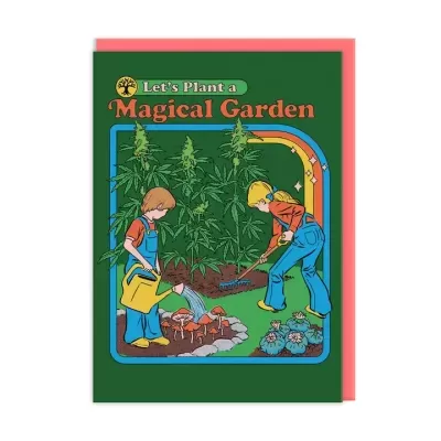 Cartão verde com ilustração de crianças a cuidar de plantas e texto 'Let's Plant a Magical Garden'.
