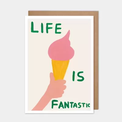 Cartão com ilustração de gelado e texto LIFE IS FANTASTIC