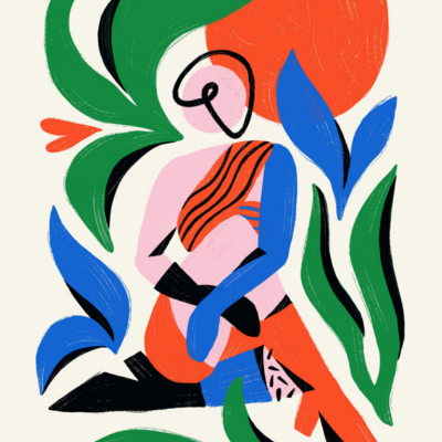 Ilustração abstrata colorida com figuras humanas e formas vegetais.