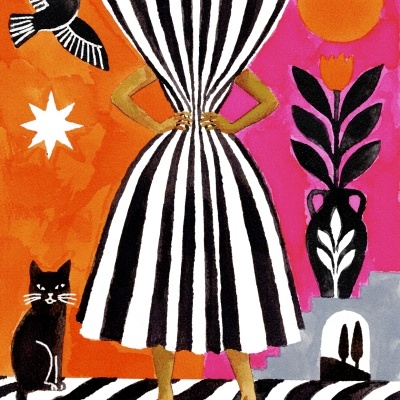 Vestido riscas preto e branco com sapatos laranja, gato preto, pássaro, flor em vaso e fundo colorido.