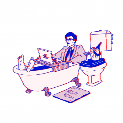 Ilustração de homem em banheira com portátil ao lado de sanita com garrafa e copo, tapete ao chão.