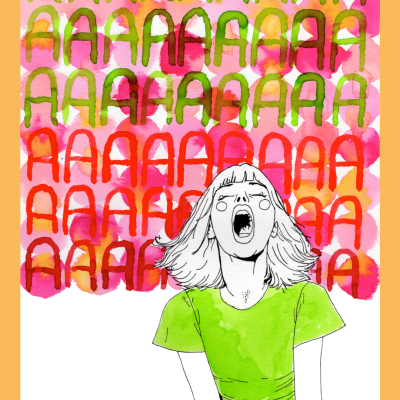 Ilustração de mulher a gritar com letras coloridas ao fundo