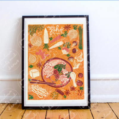 Póster colorido de ingredientes vegetais em moldura preta