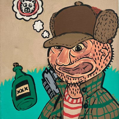 Ilustração colorida de homem com chapéu castanho e casaco verde, garrafa XXX e balão de pensamento com urso.