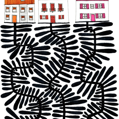 Desenho de três casas coloridas com padrões pretos abstratos por baixo