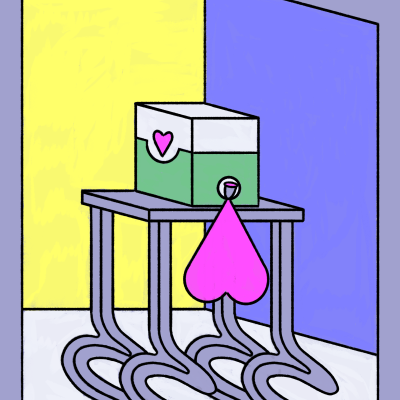 Caixa dispensadora branca e verde numa mesa cinzenta com pernas onduladas e gota cor-de-rosa