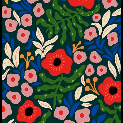 Padrão floral colorido com flores e folhas sobre fundo escuro