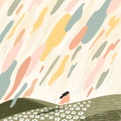 Ilustração de rapariga em campo de flores com formas abstratas no céu