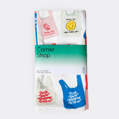 Conjunto de 2 panos de chá com padrão colorido de sacos e embalagem verde Corner Shop